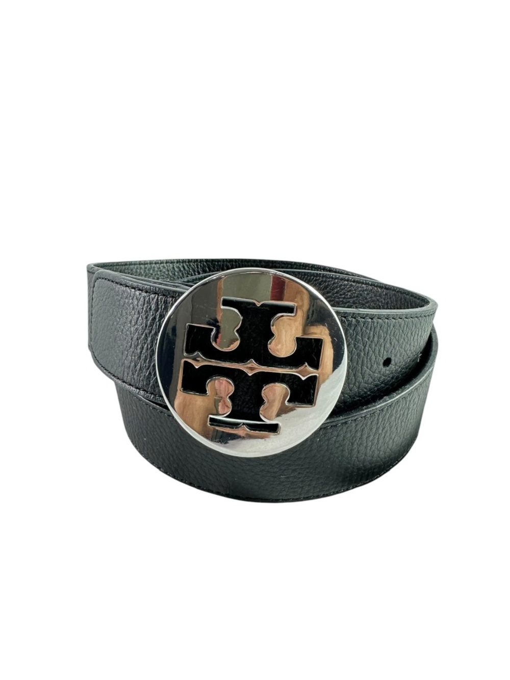 Genuine TORY BURCH Black Pebbled Leather Silver Logo Buckle Unisex Belt 32